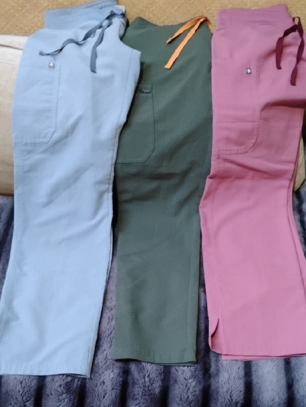 Figs Straight Leg Scrub Pants Trio in Light Blue, Olive Green, Rose